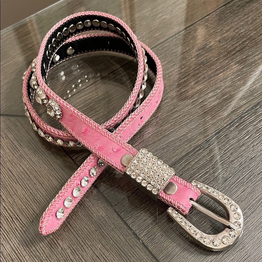 SHYANNE GIRL'S OSTRICH PRINT RHINESTONE BELT Pink Rhinestone Studded Belt